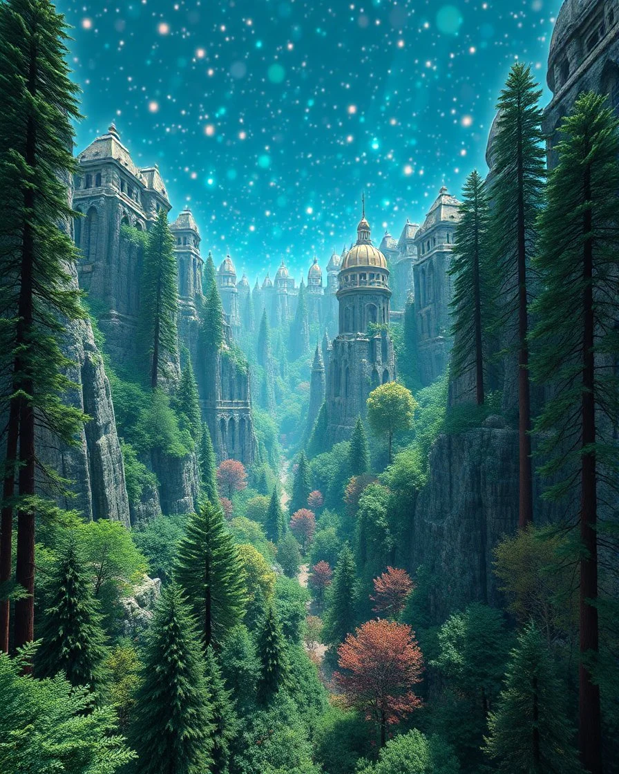 Mandelbrot doppler effect in 3D net art, Wrapping an old city, Divine mathematical show set apart nature plants forest.