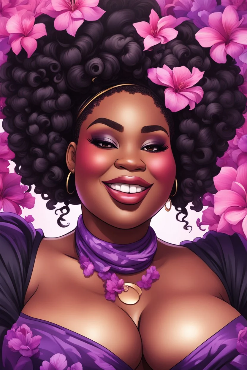 Create a abstract cartoon art style image of a plus size black female looking down with a smile on her face. Prominent makeup with hazel eyes. Highly detailed messy curly bun with a hair scarf tied on her head with large purple azalea flowers surrounding her. 2k
