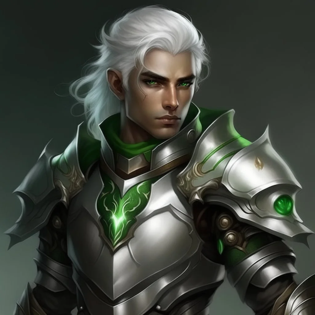 Please create an image for a young elven male with light brown skin, silver hair, and green eyes. He is wearing leather armor and is accompanied by a metallic robot