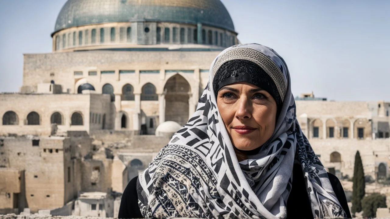 A woman wearing a keffiyeh holds the Dome of the Rock