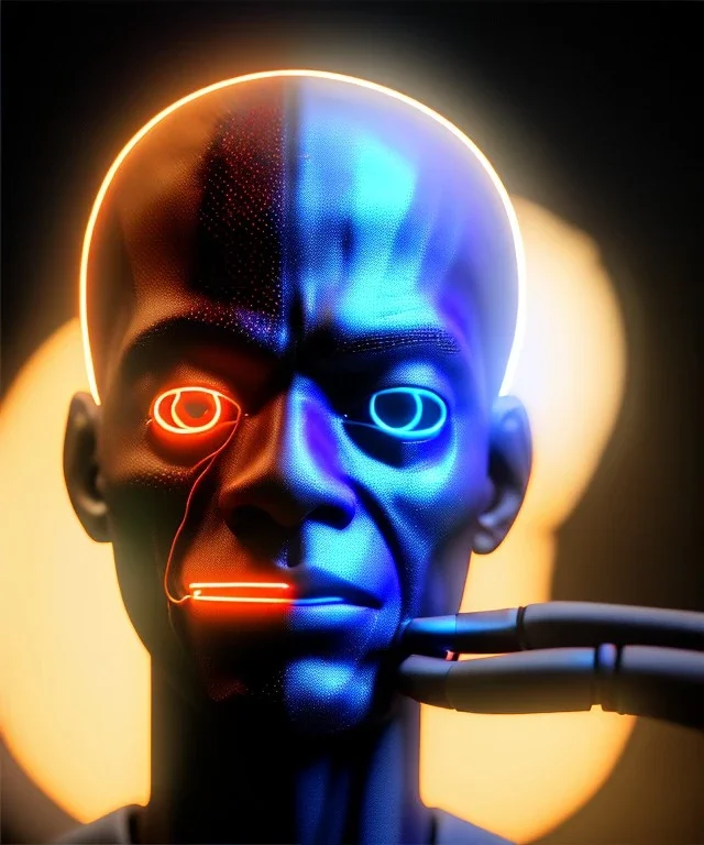 Ultra realistic photographic night portrait, cinematic, African woman, shave head, <hanging wires> <retro monitor> many wires coming out of the head <perfect pupil> <cyborg arm> <garage> <wide angle Shot> <retro futuristic> <thriller>, led lights, color fog, soft color, highly detailed, unreal engine 5, ray tracing, RTX, lumen lighting, ultra detail, volumetric lighting, high definition.