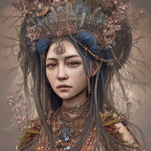 Insanely detailed photograph of an “portrait of native goddess ” with intricate hair, intricate embroidered dress, beautiful clear face and hyperdetailed painting by Ismail Inceoglu Huang Guangjian and Dan Witz CGSociety ZBrush Central fantasy art album cover art,8K, hdr, romantic, mysterious, ominous, flowers, jewelry, comfort, "arms open for embrace"intricate and detailed headdress,head bowed