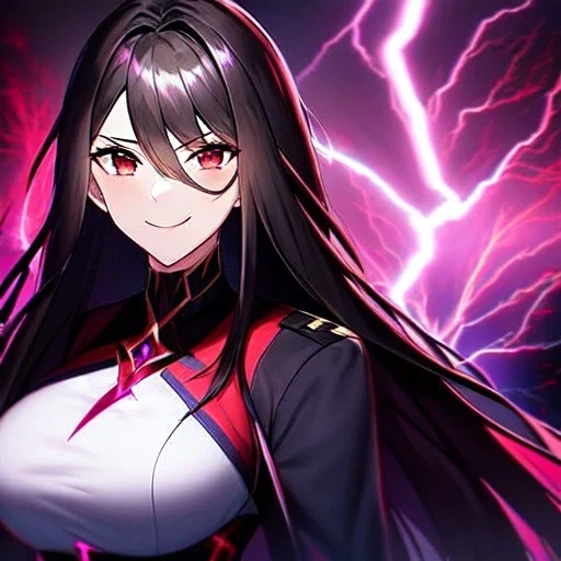 Clear focus, 8k, high quality, detailed, beautiful lighting, vibrant colors, black long hair, vibrant red eyes, girl, lightning magic, angry, smile, evil look