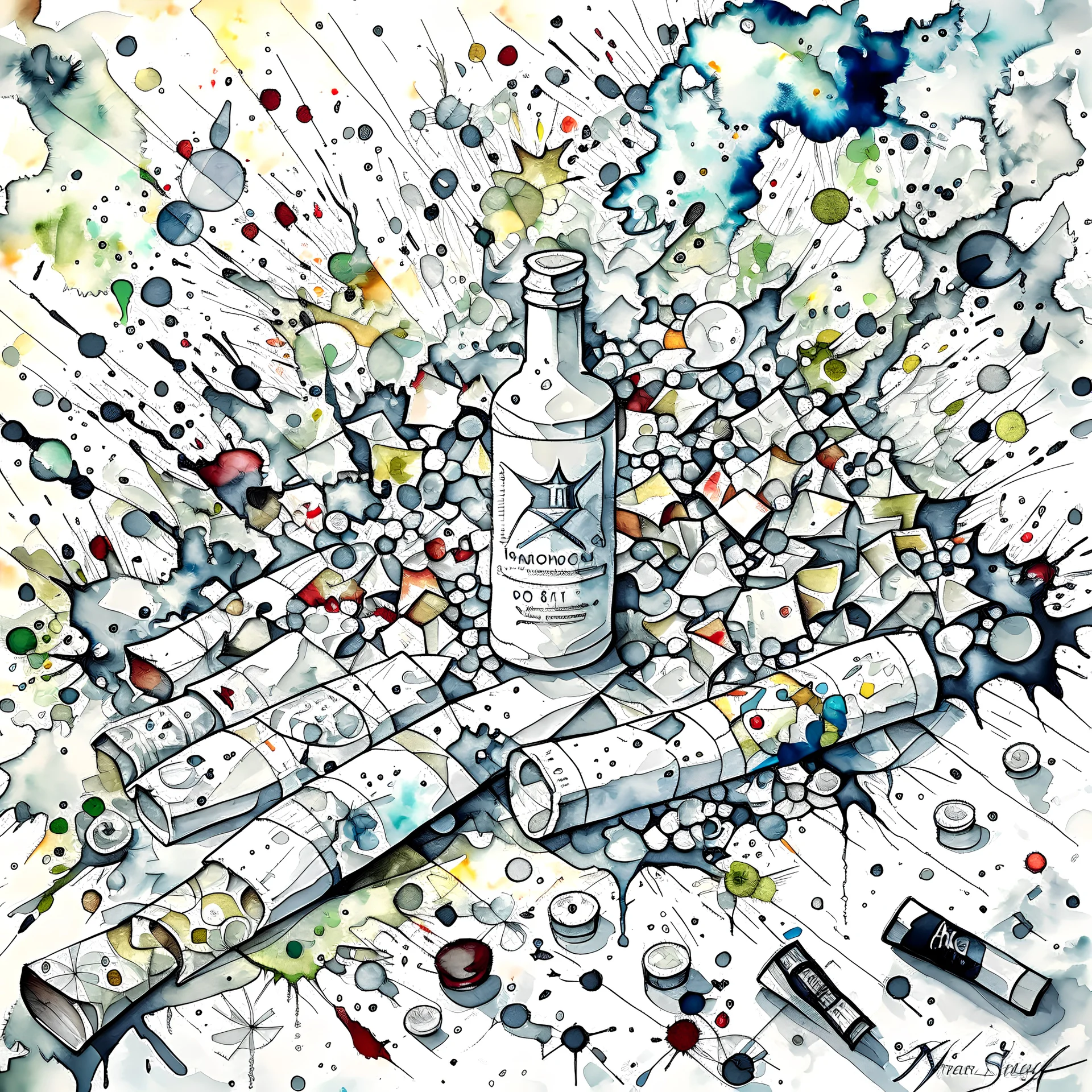 Design an asymmetrical balnced watercolour composition of clusters of watercolor drug paraphernalia, such as rolled dollar bills and razor blades, arranged amidst chaotic brushstrokes and splatters, symbolizing the destructive and dangerous world of illicit drug use.