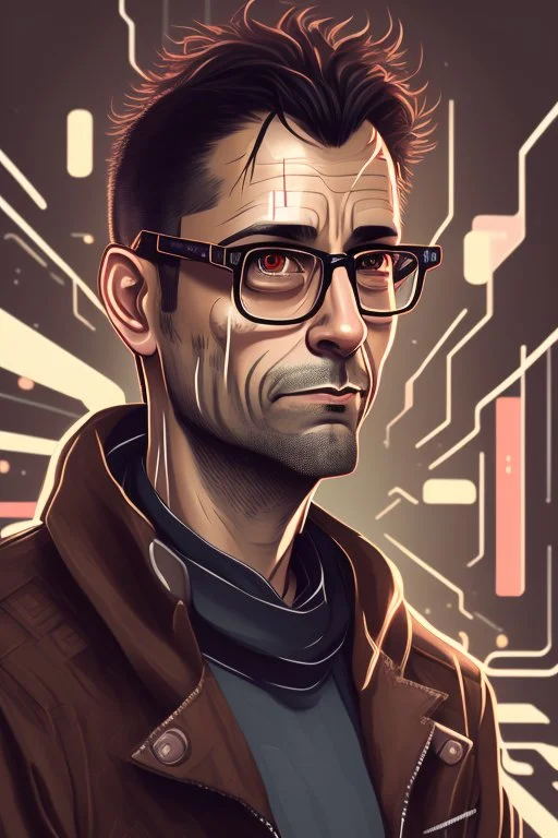 Man, 40 years old, brown hair, geek, portrait, illustration, cyberpunk