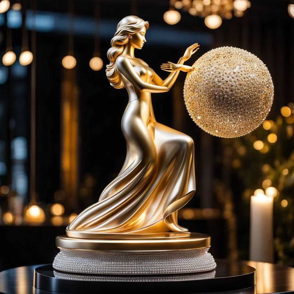 A magnificent golden and silver heart-shaped sign adorned with a stunning golden sphere encrusted with sparkling diamond clusters at its center, elegantly spinning in position,a girl statue standing pose