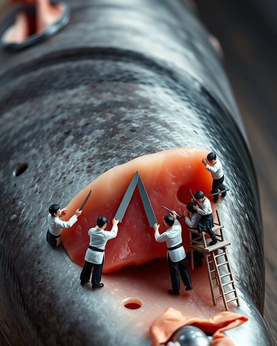 Ultra-realistic macro photography of a giant fish, with only a portion of its massive body visible. Tiny chefs in professional kitchen uniforms are working together to slice a single, giant piece of sashimi. Some chefs are standing on scaffolding, each holding a traditional Japanese cooking knife as they carefully carve the sashimi with precision. The scene is highly detailed and photorealistic, capturing the rich texture of the fish and the intricate teamwork of the miniature chefs.