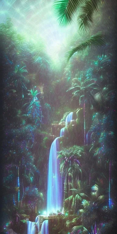 Triipy rainbow turquoise neon waterfall with palm trees sparkling at night in a cave detailed realistic glowing with noise