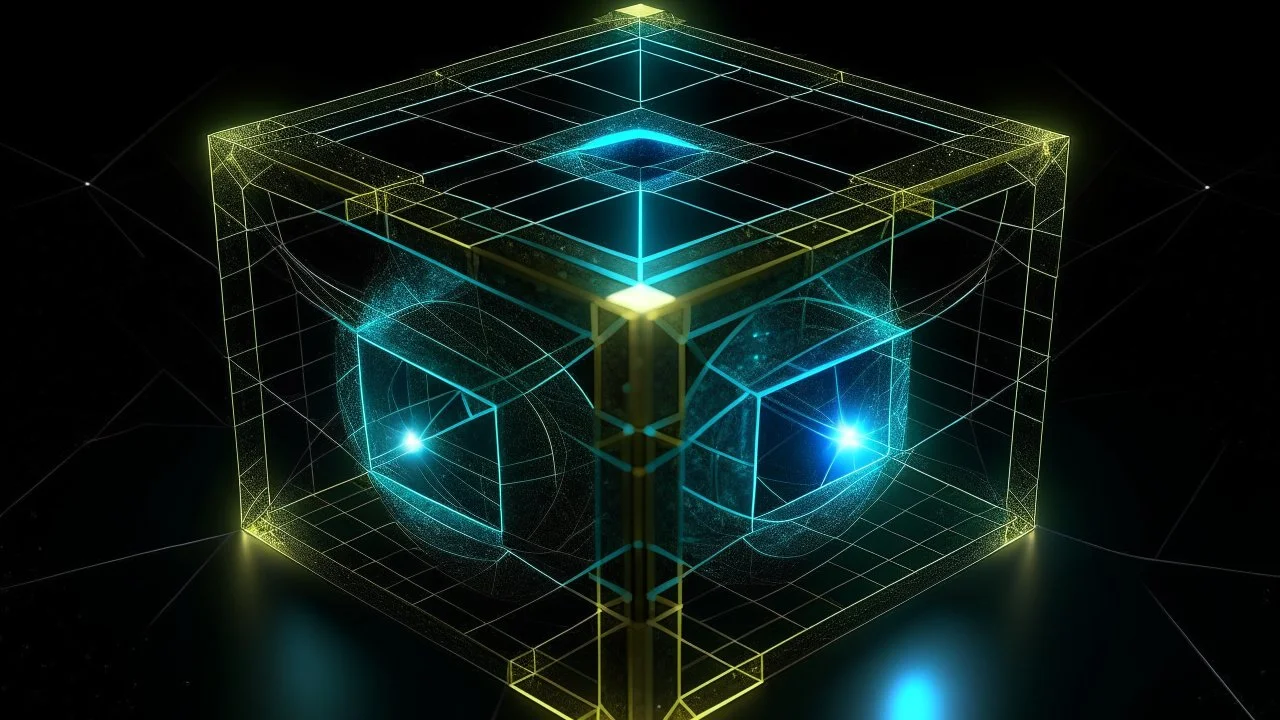 Square tesseract from movie Loki, located strictly in the middle of picture with space around it and with glow in tesseract, but without glow below it, without background or table.