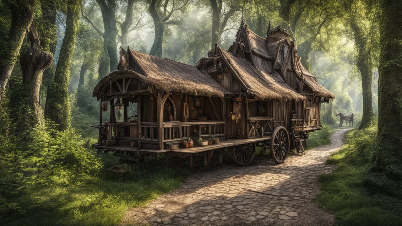 Medieval gothic Two-story, wooden gipsy caravan on a pathway in dense woodland