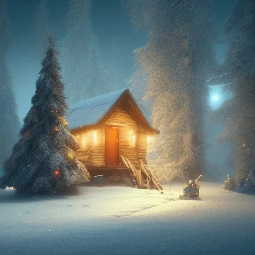 Mysterious christmas night, a small lonely hut, surreal atmosphere, cosmic backdrop, celestial ambience, soft lighting, very chilly appearance of the surroundings, unreal engine 5 volumetric lighting, intricate details, realistic style, 8k resolution