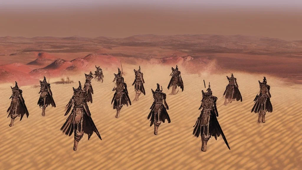 desert, highly detailed, comic style warriors from behind, in the background far away a highly detailed cdesert city