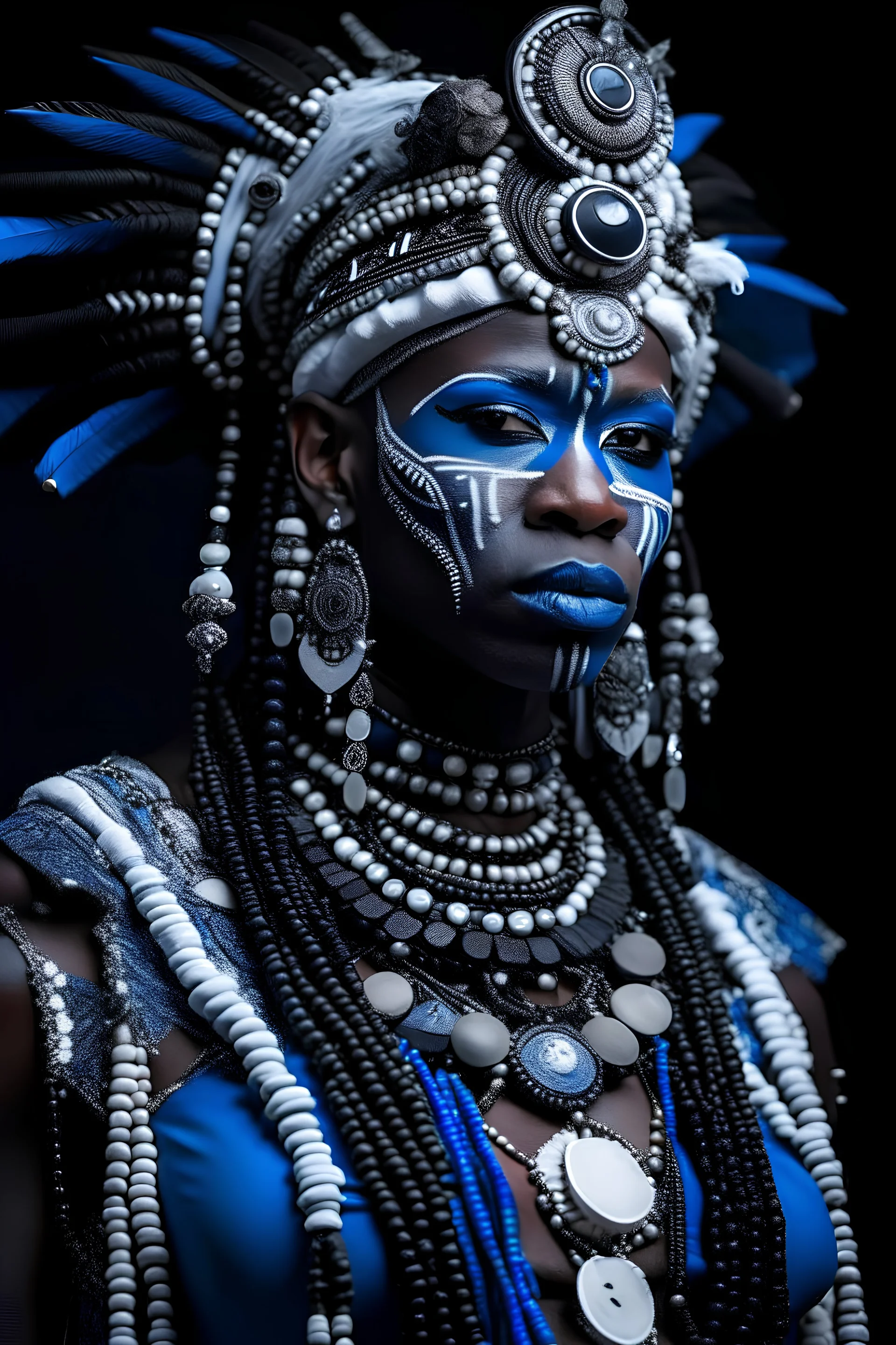 Beautifull white african ancient Greek Göd Hades shaman technoreaism t portrait, adorned with techno robotics ancient greek tribal headdress wearing technorobotics black steal chain effected ancient greek armour l beads and flowers metallic multichrome lace effected masque wearing azurite blue and black onix mineral stone voidcore robotics dress jacket organic bio spinal ribbed detail of multichrome robotics ancient Greek rainy background extremely detailed hyperrealistic concept portrait