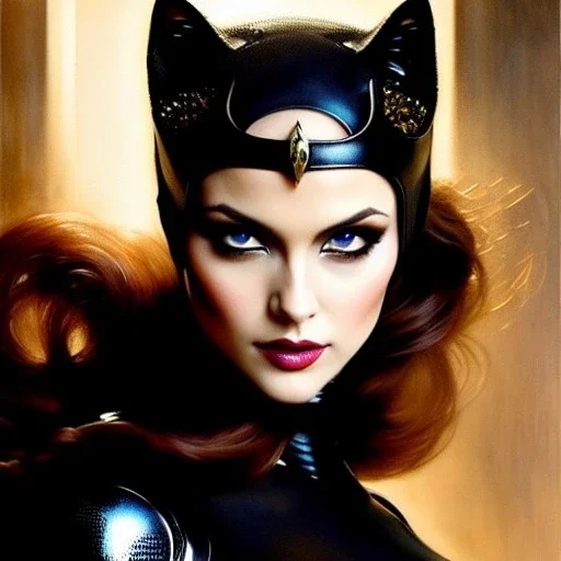 Drawing of beautiful face,busty CatWoman,intense stare,Minimal ancient armor, balanciaga fashion clothe painting by gaston bussiere, greg rutkowski, yoji shinkawa, yoshitaka amano, tsutomu nihei, donato giancola, tim hildebrandt, oil on canvas, cinematic composition, extreme detail,fit full head inside picture,16k