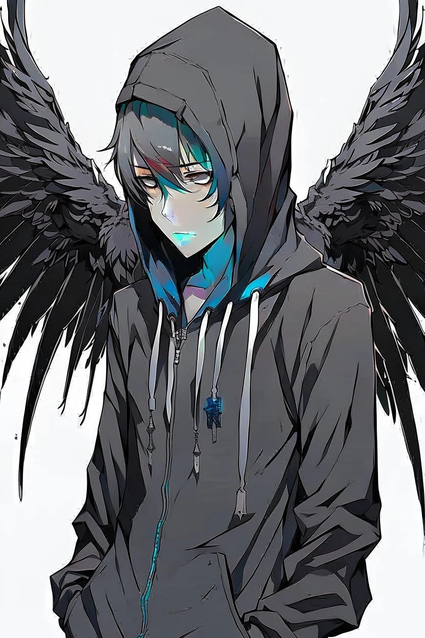 Anime man with black wings, wearing a hoodie