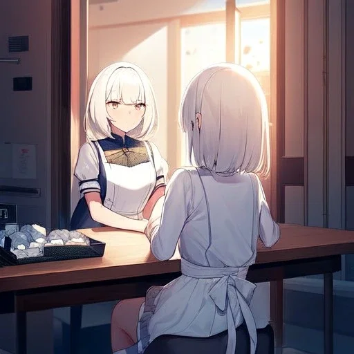 one anime girl in a waitress uniform sitting at a booth in a busy diner with two identical white coffee cups on the table, one white teacup is full and the other white cup is empty, windows and a door, customers, emphasis on two white coffee cupscups