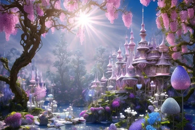 a magical crystal flower lys bougainvillier, blue gold house crystal castle in the woods, magnolias pink,blue lake,sun,white swanns,pink vertical, blue lake,sharp, vines, candlelit, endor, ornate, elegant, highly detailed, artstation, concept art, smooth, sharp focus, illustration, 8k, splash art, wallpaper, key visual