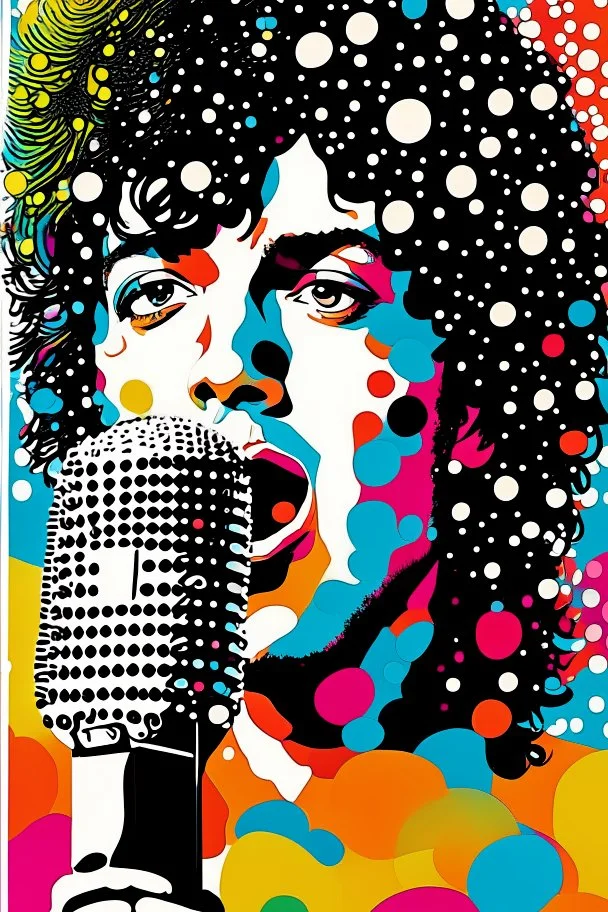 colorful Illustration of a michael jackson microphone in hand and looking at the camera. Polka dots in the background. by munch