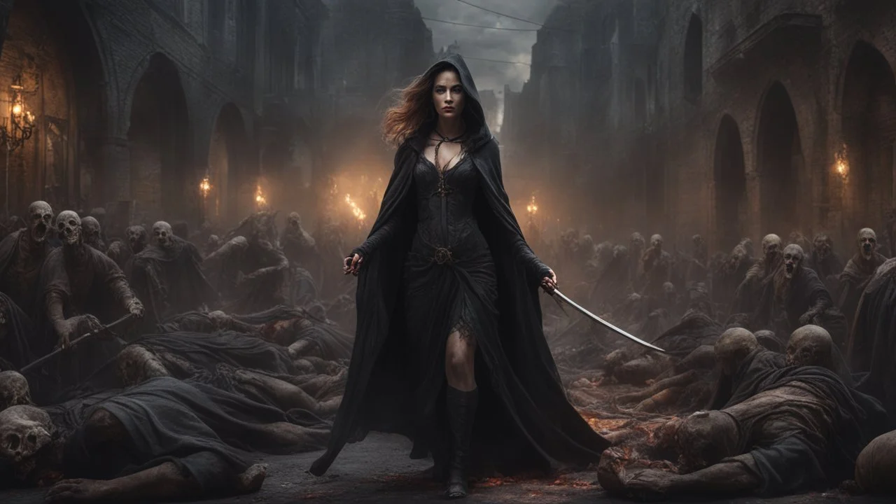 a magical female sorcerer in black cloth leading an army of rotting zombies through a burning medieval city. apocalypse. magic. fantasy setting. blood. intense horror. blind terror. scared to death. a masterpiece, fantasy concept art, dynamic lighting, hyperdetailed, intricately detailed, deep color, Unreal Engine, volumetric lighting, Epic cinematic brilliant stunning intricate meticulously detailed dramatic atmospheric maximalist digital matte painting