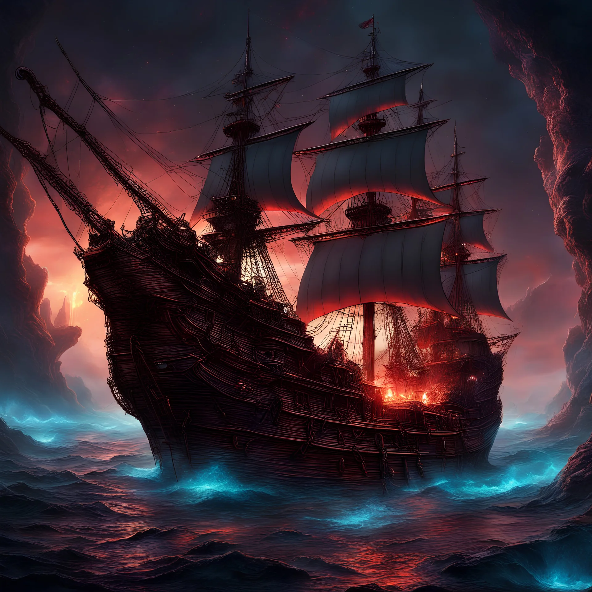 A (((breathtaking 8K photorealistic wallpaper))), featuring a ((majestic pirate ship)) set sail above the (((fiery crimson magma of an underground realm surrounded by bio luminescent lightning)), glowing sea creatures, intricate details that give off an ethereal glow against the dark cavern backdrop, with a halo of twinkling stars surrounding the ship, capturing an otherworldly essence