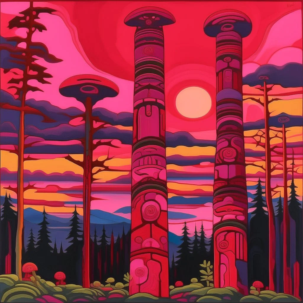 A dark pink sky with airships designed in pacific Northwest totem poles painted by Paul Ranson