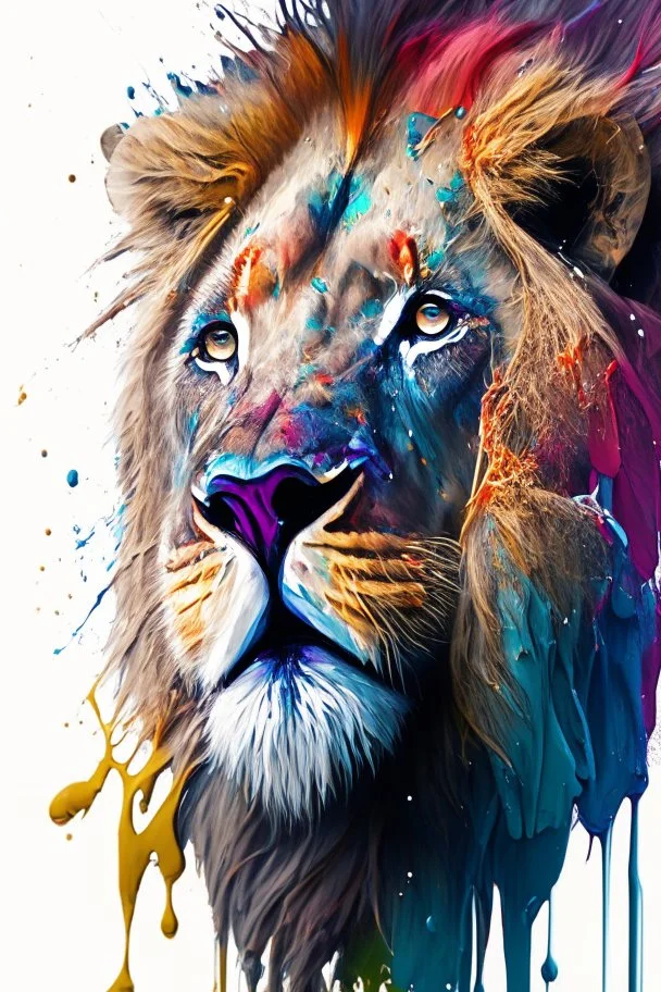 "lion", clean design, art station, splash of colorful paint, contour, ((solid white background)), gazing into camera, hyperdetailed intricately detailed, unreal engine, fantastical, intricate detail, splash screen, complementary colors, fantasy concept art, 8k resolution, DeviantArt masterpiece, paint dripping