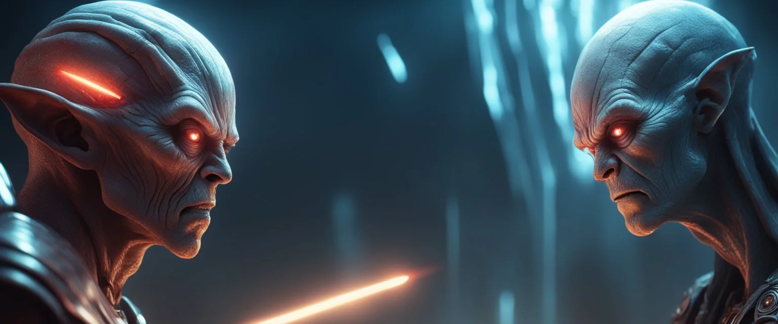 Close-up confrontation between an ancient alien outcast leader and a space broker, standing only a meter apart, intense eye contact, glowing crystalline rod between them, anger mixed with sadness, dramatic facial expressions, shallow depth of field, cinematic lighting, stylized 3D anime, airbrush painting, crisp outlines