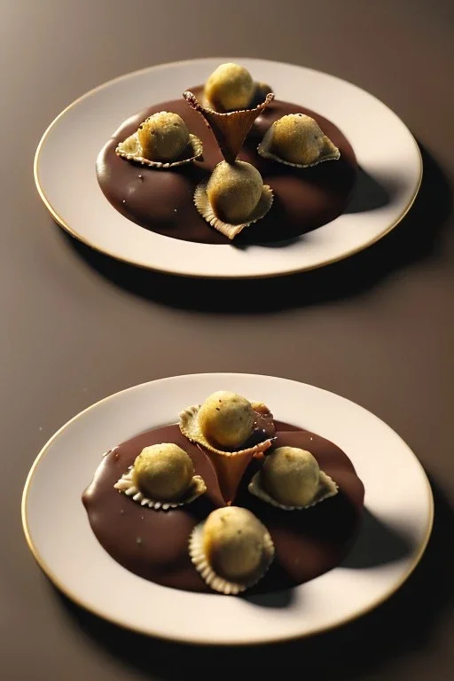 Ravioli, renaissance style still life Of Ravioli dish with natural chocolate and hazelnuts, olive oil. moisture, art, natural, ornaments, marble, gold, high kitchen, smooth, gradient color background, unreal engine 5, ray tracing, RTX, lumen lighting, ultra detail, volumetric lighting, 3d.