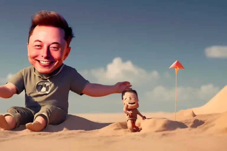 Elon musk as a Happy toddler building a rocketship out of sand on the beach