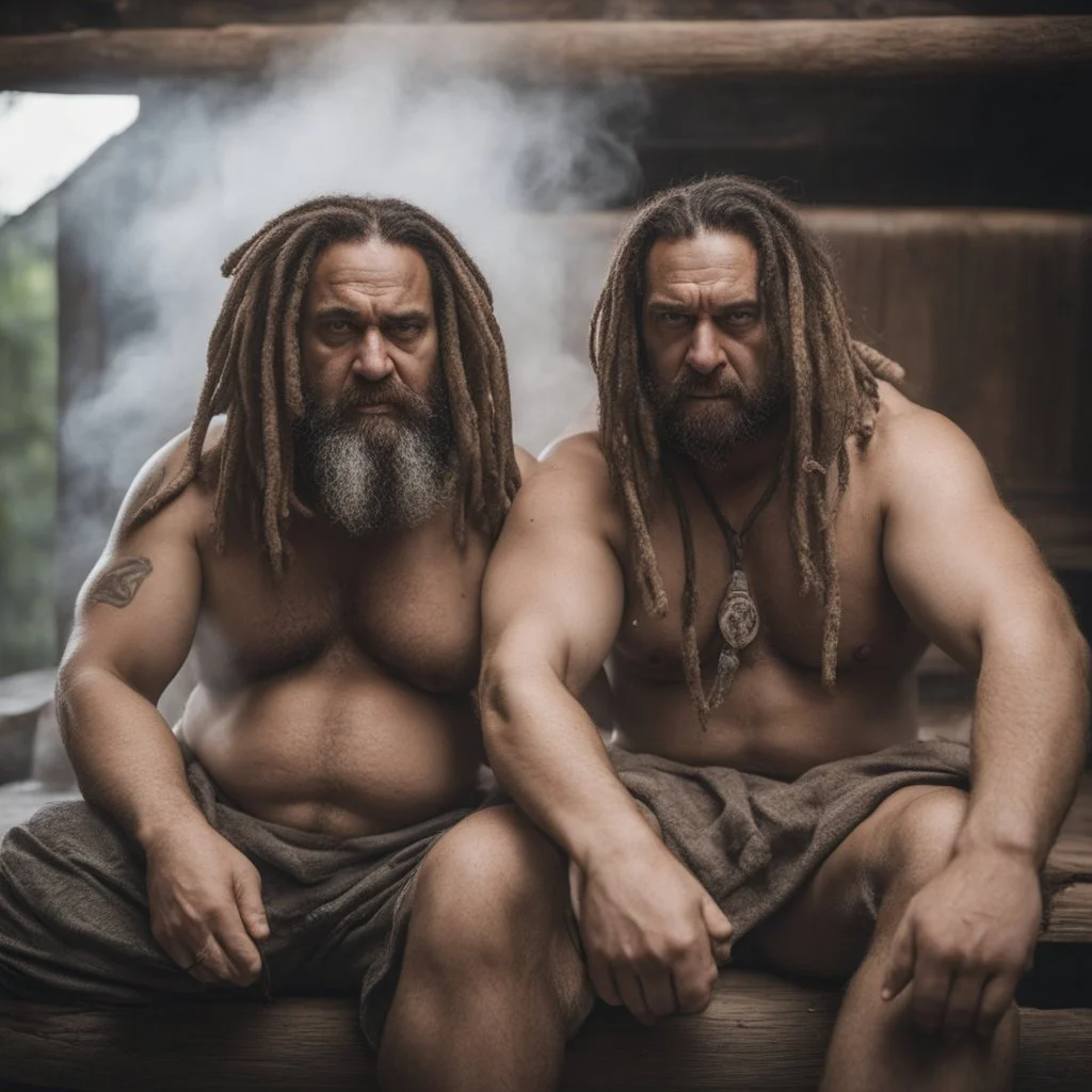 half figure shot photography of two angry gipsy 41 years old burly chubby ugly men embracing tightly, dreadlocks, shirtless, in a sauna full of steam