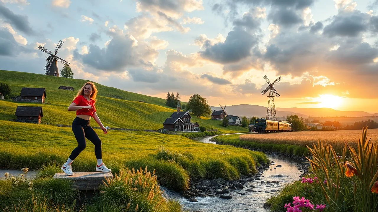 a group of young ladies in sports pants and blouse are dancing to camera in village over high grassy hills,a small fall and river and wild flowers at river sides, trees houses ,next to Ripe wheat ready for harvest farm,windmill ,a pretty train is passing ,cloudy sun set sky