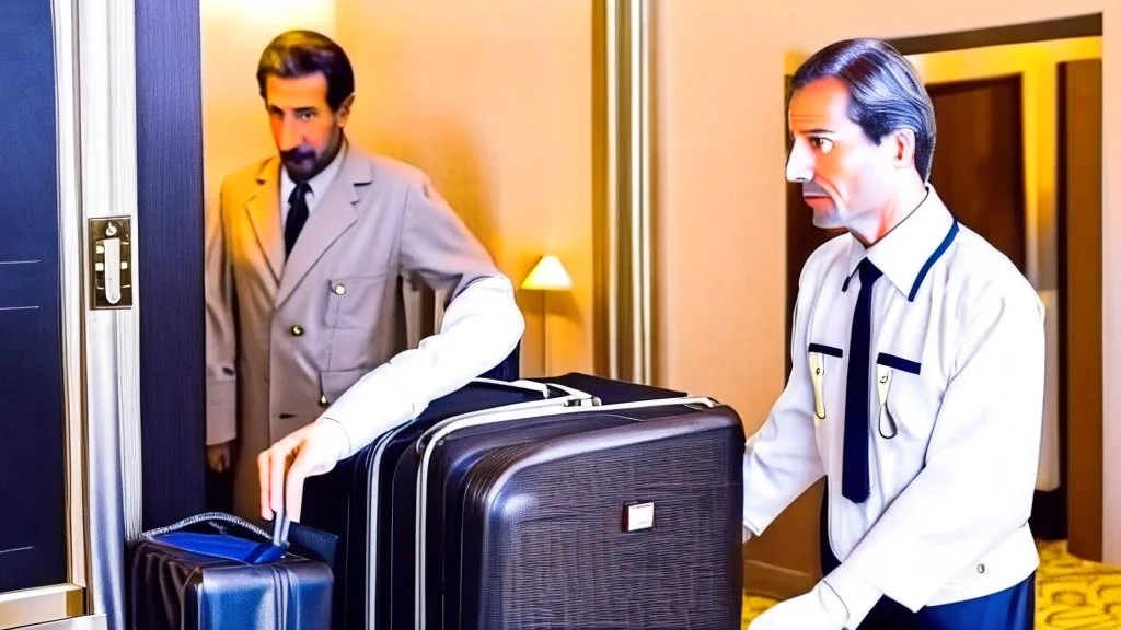 hotel employee looking suspicious stealing someone's baggage