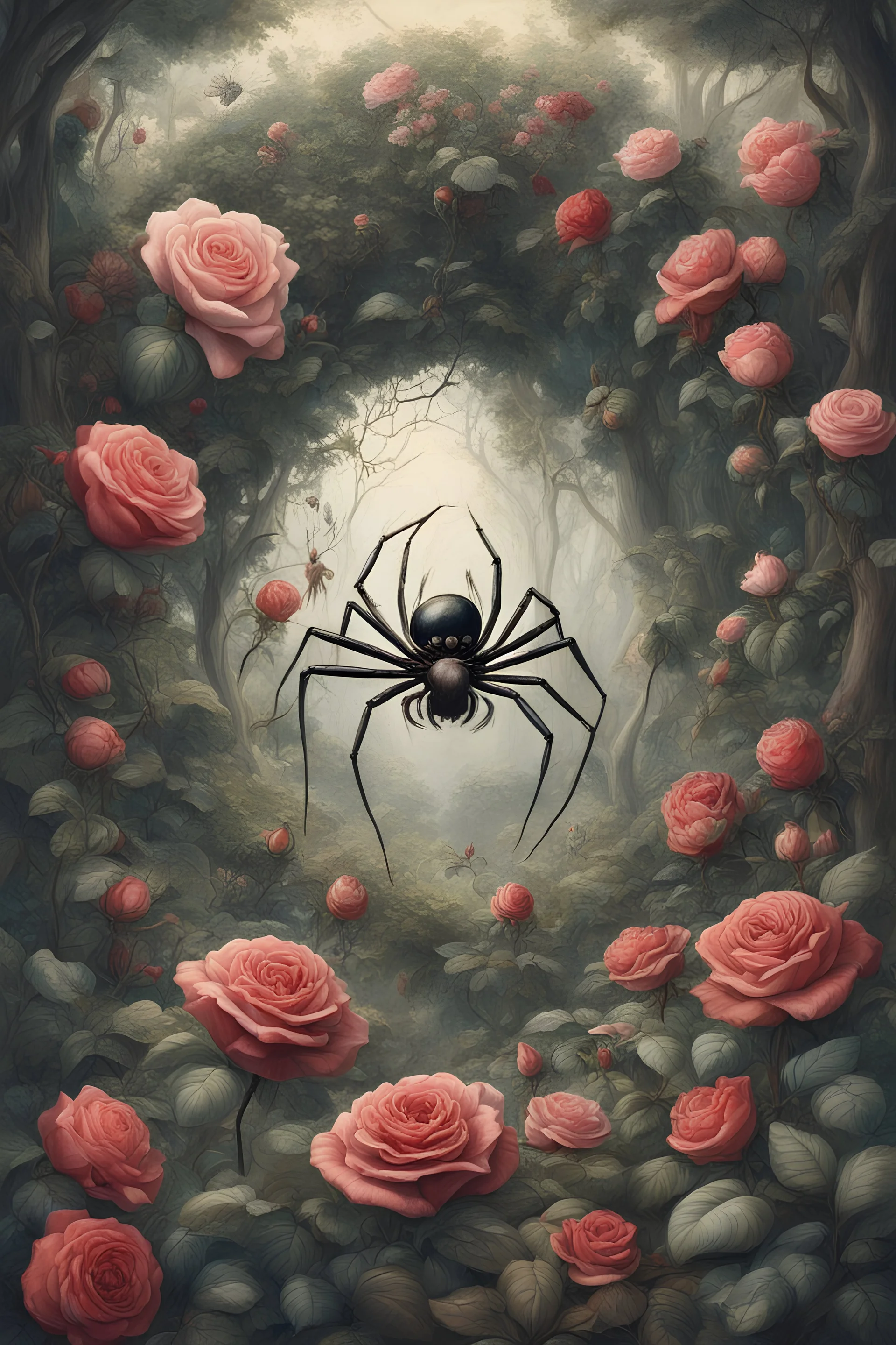 Scenes of an imaginary spider living among trees, plants, and roses, and there is a state of harmony and beauty among them