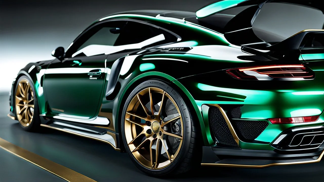 Rear View A stunningly realistic (((porsche turbo S x mansory))), intricate detail and perfection in every surface, glimmering metal and luxurious contours, a (perfect model) for a desktop wallpaper fit for high resolution screens, evoking a sense of futuristic elegance in a (4K cinematic atmosphere).