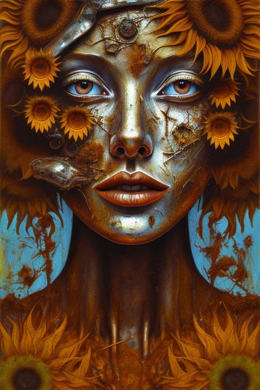 an abstract painting of rusted sunflowers, by lucian freud, rust, scaffolding, iron cladding, decay, mixed media, textured, anatomically correct, beautiful woman perfect face, sharp focus, highly detailed