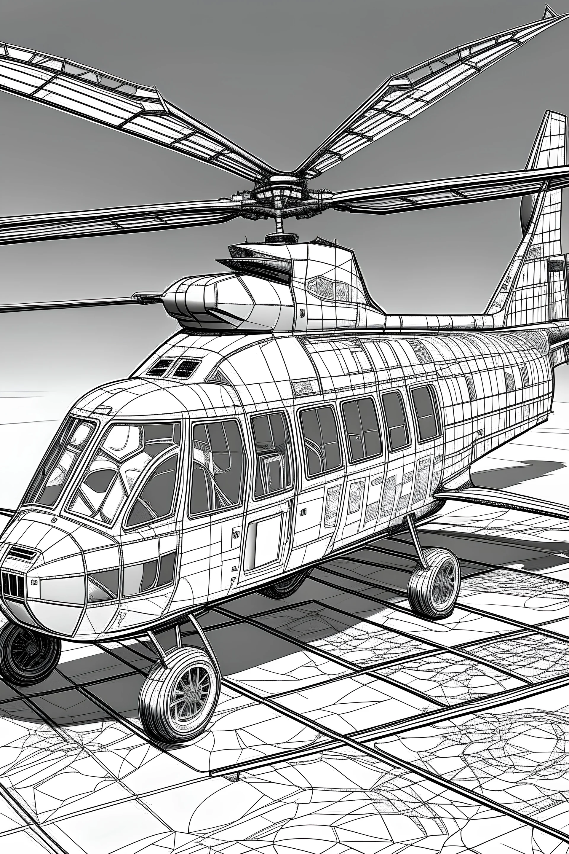 Outline art, no shading, full body helicopter, black and white, low detail, --ar 9:11