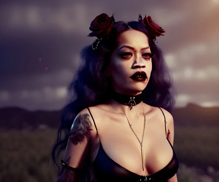 Rita ora, 1800s, vampire, fangs, long curly black hair, choker, black rose, Victorian dress, headdress, glamour