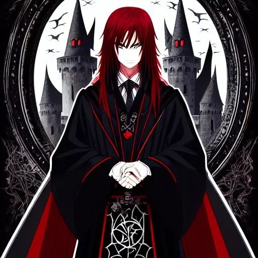portrait anime vampire, long hair, red eyes, noble black robe, Blood, background Gothic castle, hyper detailed, intricately detailed, gothic, ambiguous lines image, flat dimensional style, flat lines, rough drawing --ar 2:3