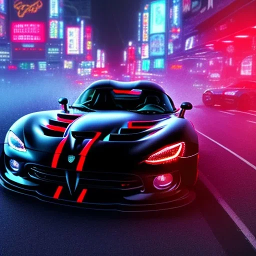 realistic black dodge viper; in an alternate universe in tokyo; cyberpunk; rain; neon signs