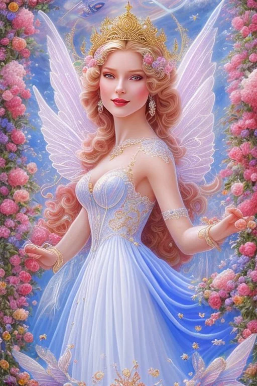 Magnifique woman, lady fairy, facing happy, voluptuous white, pink enchanted flowers, wings magic, long big dress, pink outerspace stars planets, Beautyful smiling, young woman, long hair amazing blue eyes, flowers, happy cosmic, bright colors, blue, pink, gold, jewels, realistic, photo real, clear sunny background, highly detailed, high contrast, 8k high definition, unreal engine 5, extremely sharp detail, light effect, sunny light background