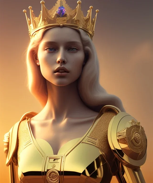 Statue of Queen of photography. Cute blonde woman. Photographer in golden crown. Standing on the street. Big camera in her hand. hyperdetailed, photorealistic, trending on artstation, greg rutkowski, beksinski, kodachrome, lomography, golden hour, bokeh, volumetric light