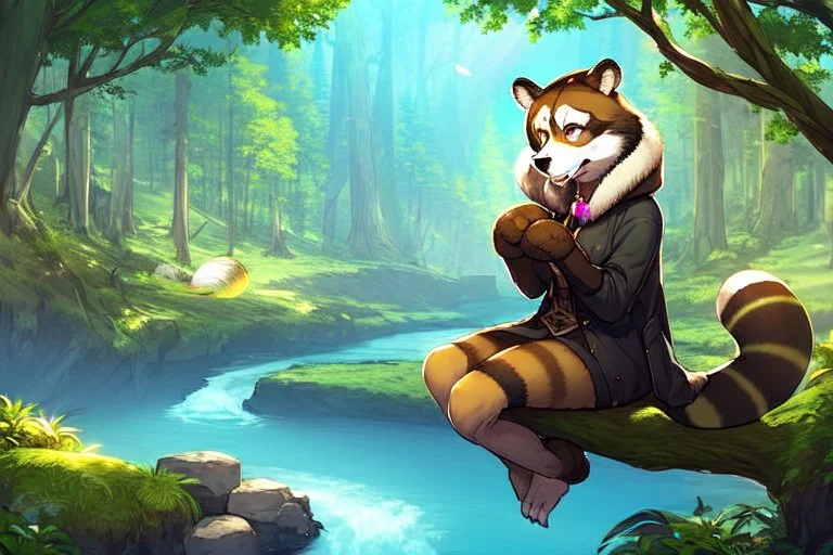 Girl, green hair, raccoon tail, raccoon paws in hand, raccoon paws in foot, forest, river, sit on tree, coat on neck, with tongue out, big tail, furry