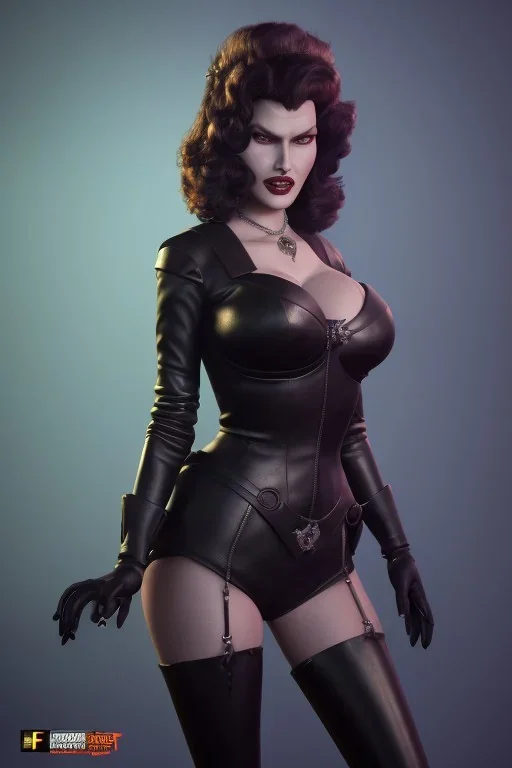 Rita Hayworth as evil queen in black leather, busty, cleavage, curvy, angry, stern look. character design by cory loftis, fenghua zhong, ryohei hase, ismail inceoglu and ruan jia. unreal engine 5, artistic lighting, highly detailed, photorealistic, fantasy