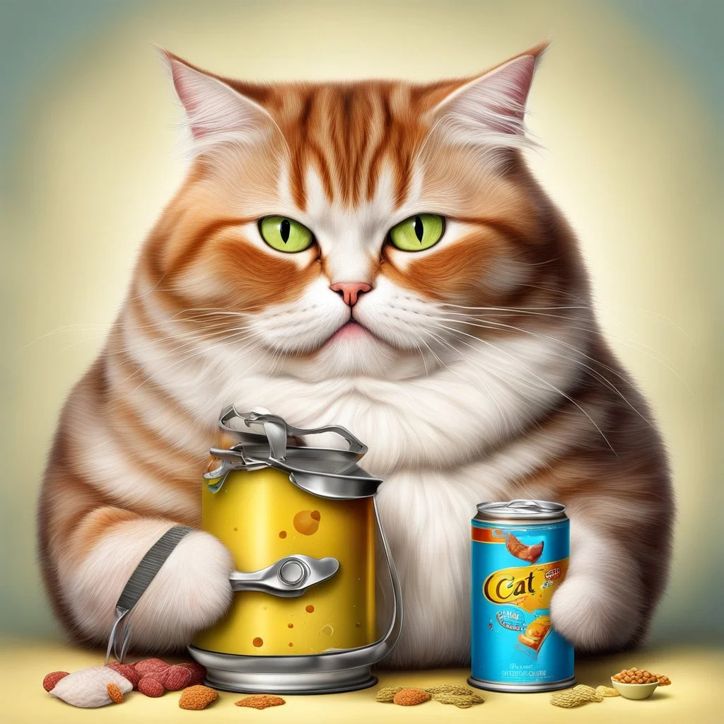 smug looking fat cat opening a cat a cat food with an electric can opener, realistic, whimsical, colorful, digital art, hyperrealistic, Ben Goossens