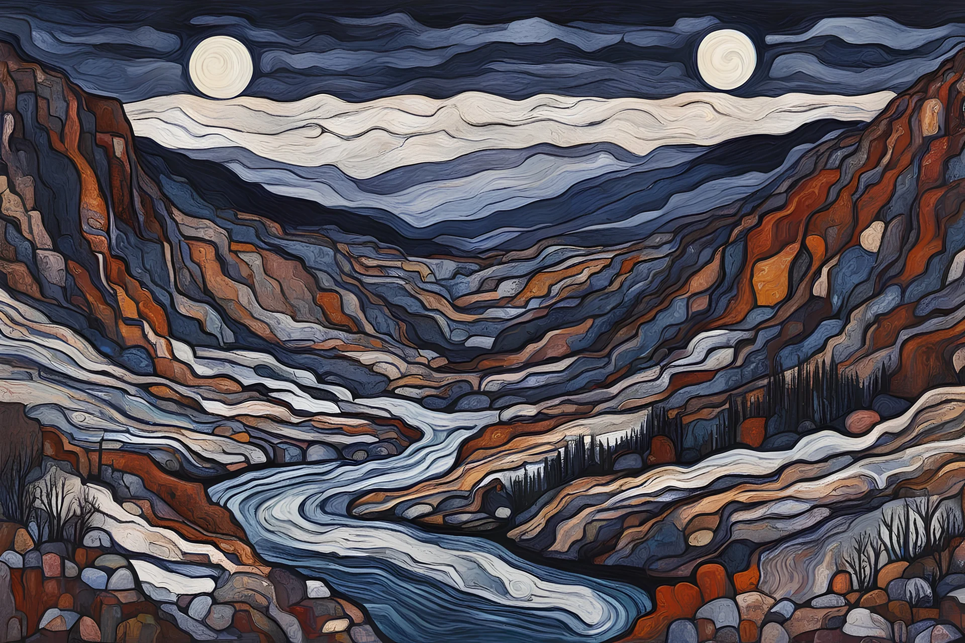 a dramatic painting of a lush Pacific Northwest river canyon landscape under a pale winter moon, in the Art Brut style of Jean Dubuffet, rich natural colors, museum quality masterpiece