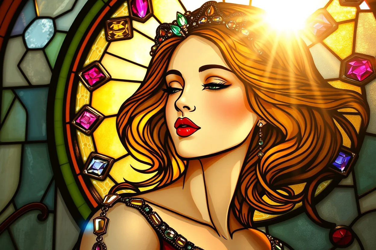 Stained Glass beautiful girl with jewels, pastel colors, in sunshine elegant extremely detailed very attractive beautiful dynamic lighting colourful Alphonse Mucha