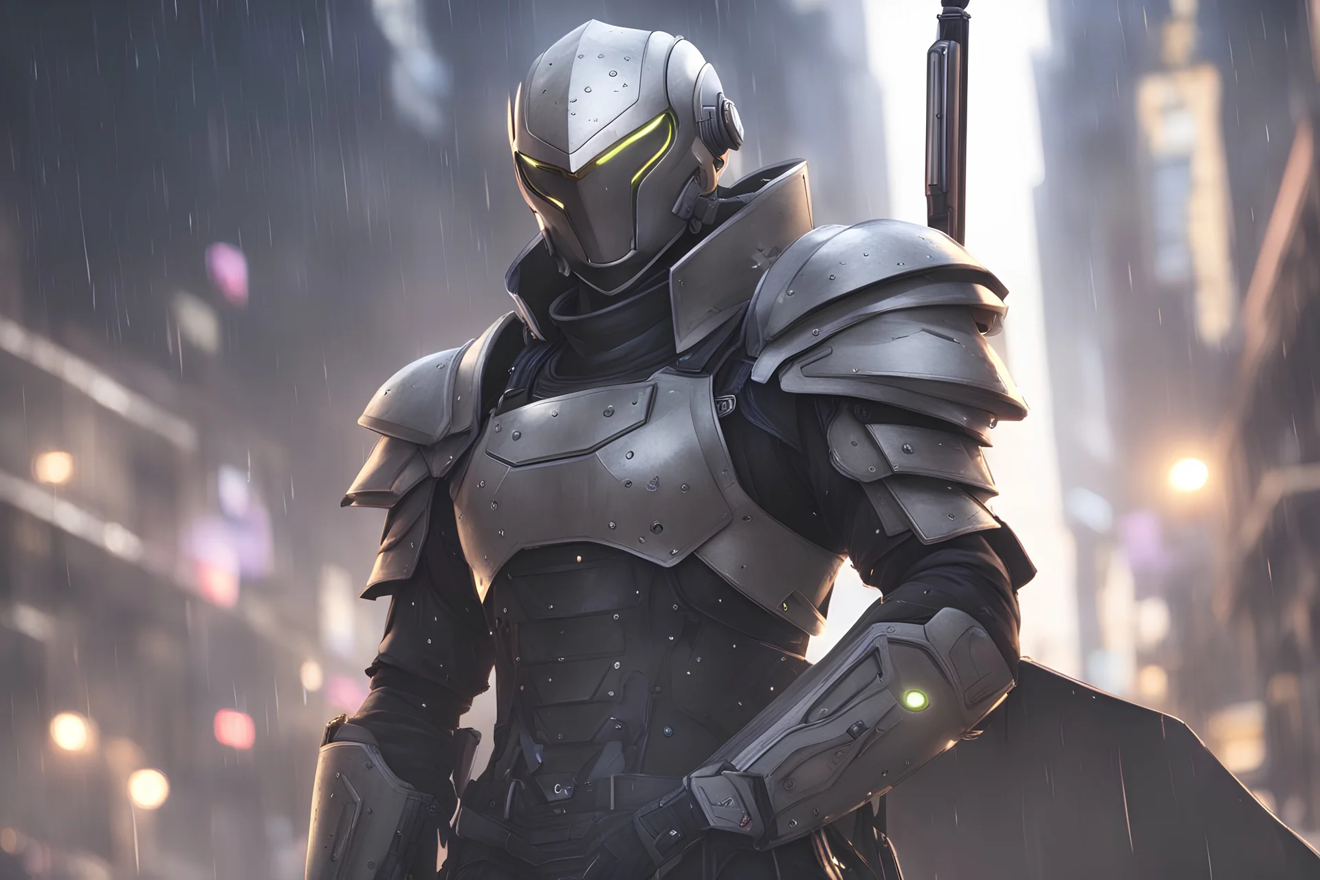 Rainhard with full armor in 8k nier automata drawing style, overwatch them, cinematic mood, neon reflect, close picture, rain, highly detailed, high details, detailed portrait, masterpiece,ultra detailed, ultra quality