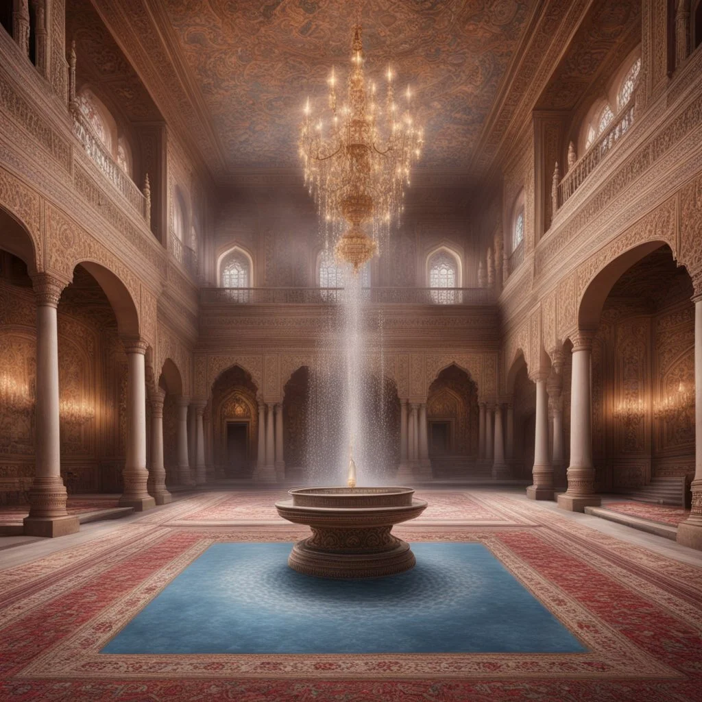 Hyper realistic detailed inside historical indian castle with chandeliers & ceiling paintings & glass work on pillars with beautiful carpet & water fountain