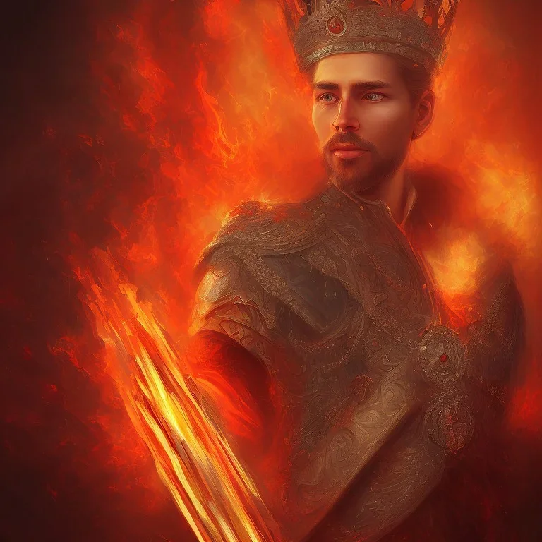 a king with a crown on fire fading into oblivion ,red accents, digital painting.