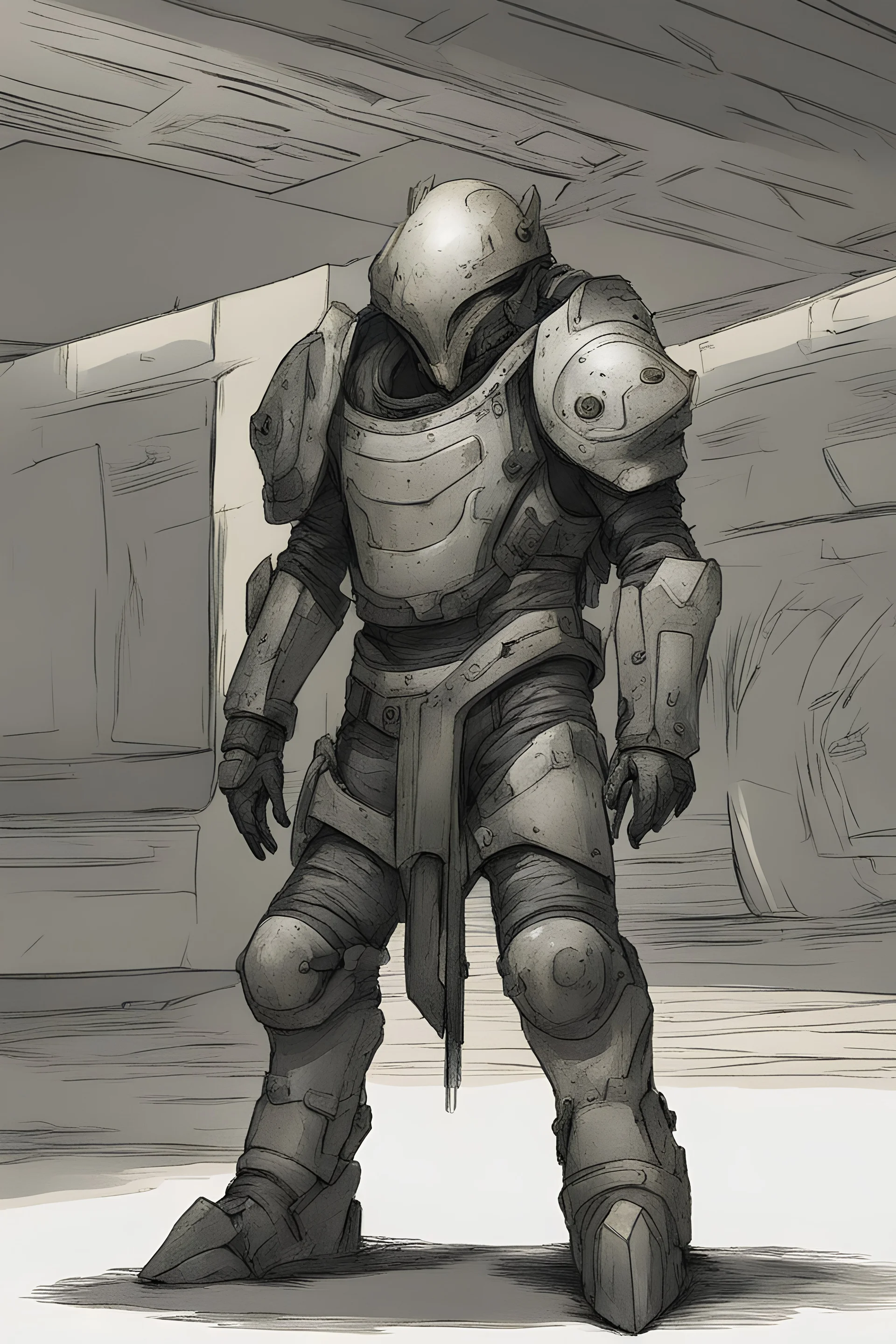 Outer space creature in an underground society wearing armor from dead humans